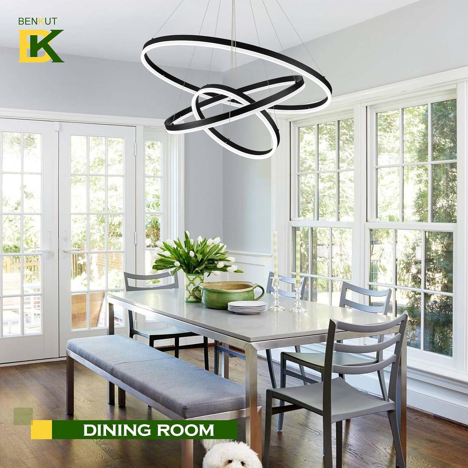 D31.5 3 Rings Modern LED Chandelier Black Dimmable LED Pendant Light with Remote Control Circular Flush Mount High Ceiling Light for Dining Room Living Room Bedroom Foyer(3000K-6500K, H71)